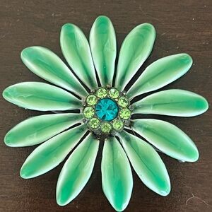 Blue Green Flower Brooch, with teal and celadon rhinestone center.